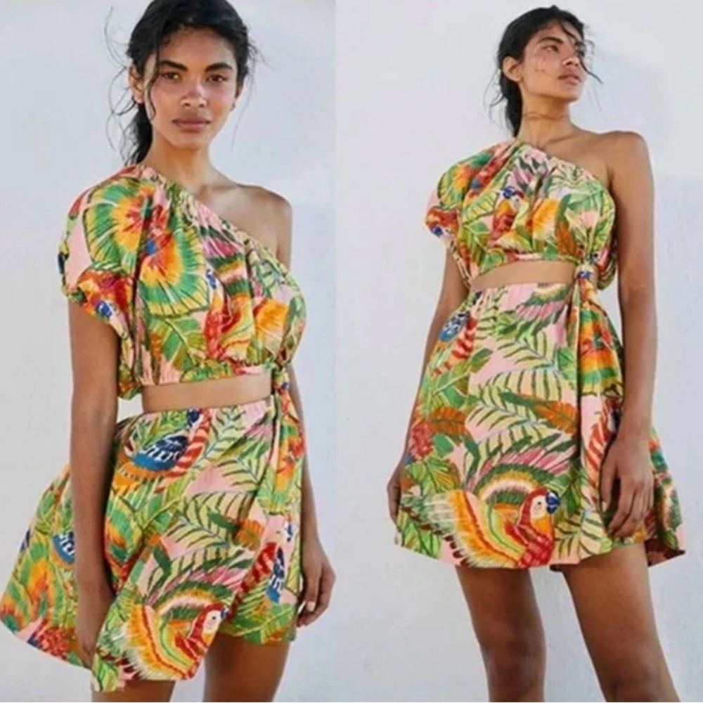Farm Rio Macaw Leaves Cropped one shoulder minidress Linen Blend Colorful S